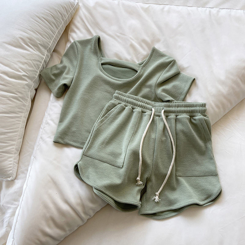Summer Women Solid Color Yoga Suit Fitness Sportswear Workout Clothes Short Sleeve Hollow Out Crop Top Shorts Gym 2 piece Set