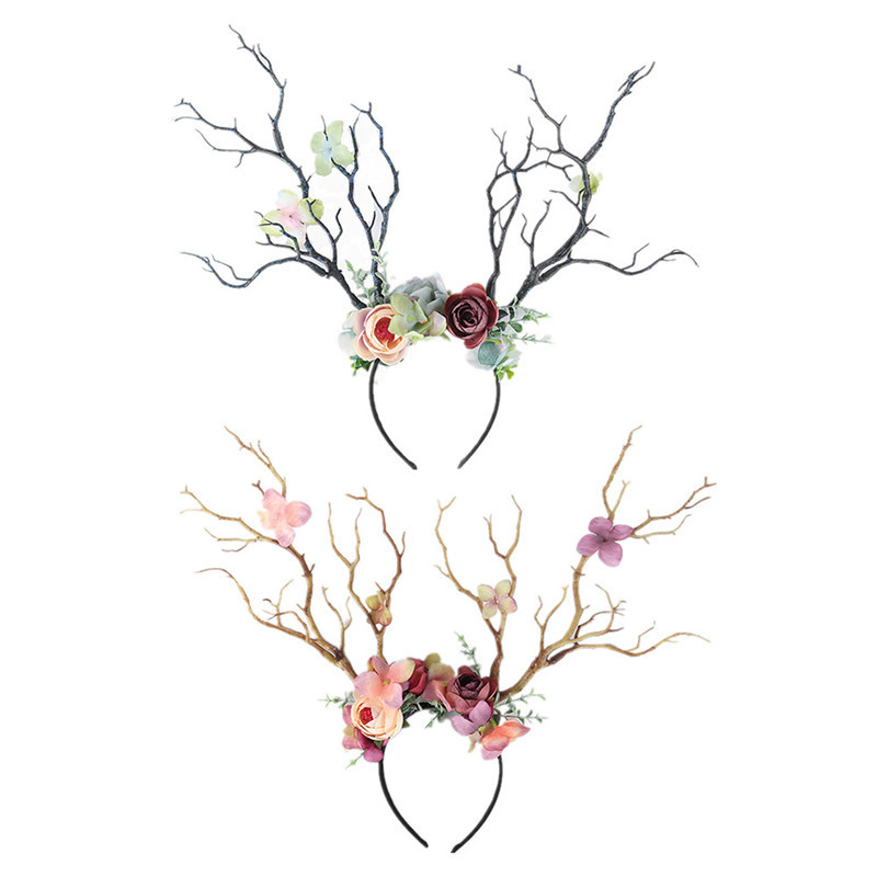 Christmas Headband Antlers Deer Horns Fairy Tale Flower Tree Branch Retro Hair Hoop Crown Festival Party Props Xmas Costume