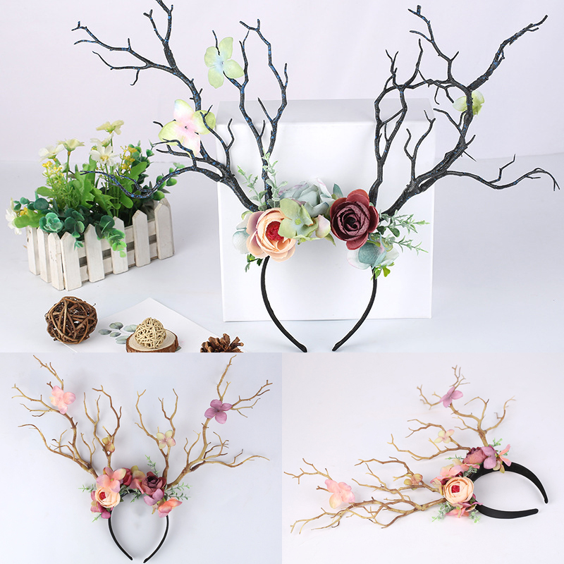 Christmas Headband Antlers Deer Horns Fairy Tale Flower Tree Branch Retro Hair Hoop Crown Festival Party Props Xmas Costume