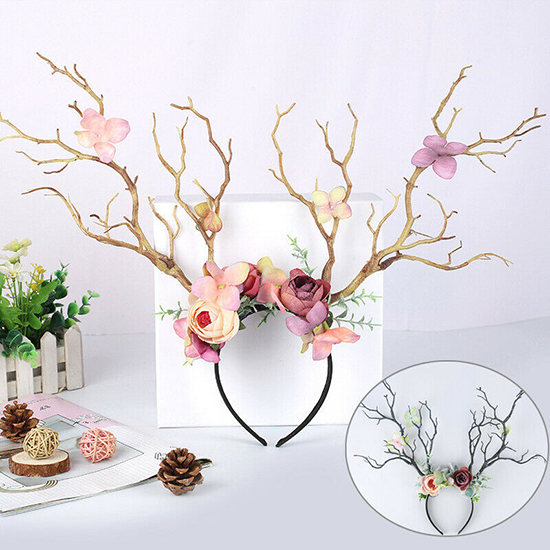 Christmas Headband Antlers Deer Horns Fairy Tale Flower Tree Branch Retro Hair Hoop Crown Festival Party Props Xmas Costume