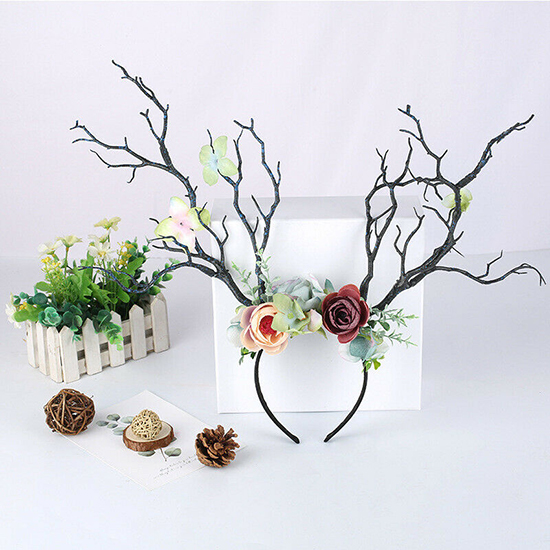 Christmas Headband Antlers Deer Horns Fairy Tale Flower Tree Branch Retro Hair Hoop Crown Festival Party Props Xmas Costume
