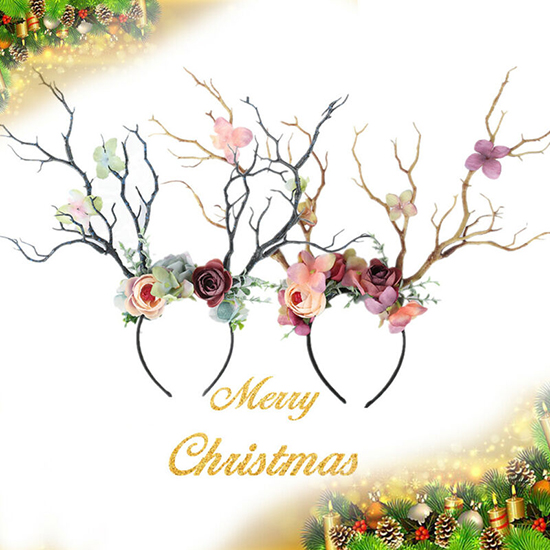 Christmas Headband Antlers Deer Horns Fairy Tale Flower Tree Branch Retro Hair Hoop Crown Festival Party Props Xmas Costume