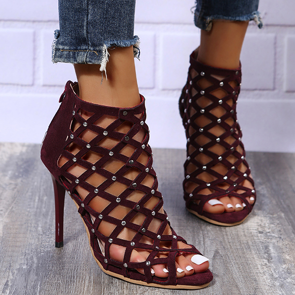 Summer High-heeled Shoes for Women Sandals Fashion Peep Toe Hollow Gladiator Rivet Sandals Female Banquet Party Stripper Heels