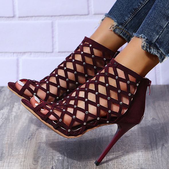 Summer High-heeled Shoes for Women Sandals Fashion Peep Toe Hollow Gladiator Rivet Sandals Female Banquet Party Stripper Heels
