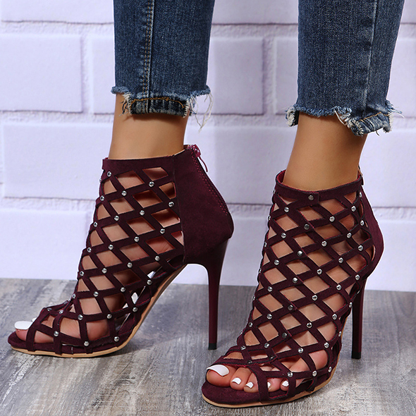Summer High-heeled Shoes for Women Sandals Fashion Peep Toe Hollow Gladiator Rivet Sandals Female Banquet Party Stripper Heels