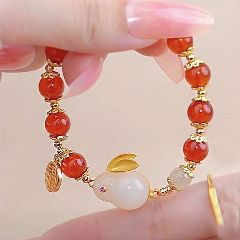 Money Rabbit Infinite White Jade Rabbit Bracelet Women's Ancient Weaving Agate like Acacia Red Beans Hand String Lucky Design Bracelet