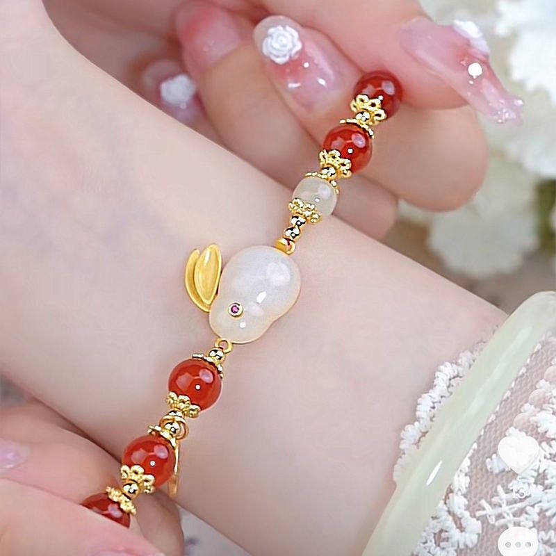Money Rabbit Infinite White Jade Rabbit Bracelet Women's Ancient Weaving Agate like Acacia Red Beans Hand String Lucky Design Bracelet