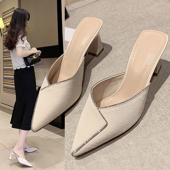 Women New Chain Mules Slippers Rhinestone Pointed Toe Ladies Striped Summer Fashion High Heel Sandals Footwear