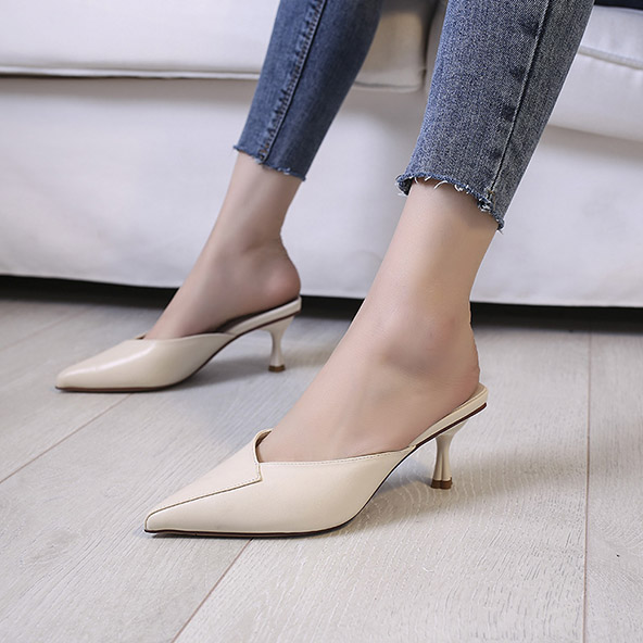 Women New Chain Mules Slippers Rhinestone Pointed Toe Ladies Striped Summer Fashion High Heel Sandals Footwear