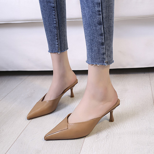 Women New Chain Mules Slippers Rhinestone Pointed Toe Ladies Striped Summer Fashion High Heel Sandals Footwear