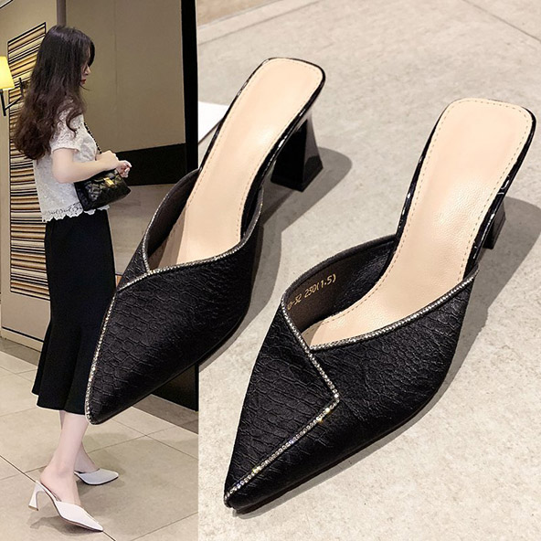 Women New Chain Mules Slippers Rhinestone Pointed Toe Ladies Striped Summer Fashion High Heel Sandals Footwear