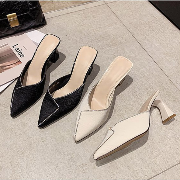 Women New Chain Mules Slippers Rhinestone Pointed Toe Ladies Striped Summer Fashion High Heel Sandals Footwear
