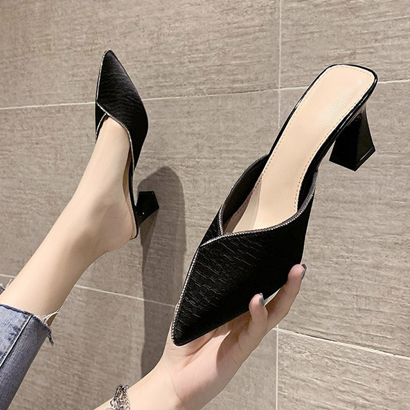 Women New Chain Mules Slippers Rhinestone Pointed Toe Ladies Striped Summer Fashion High Heel Sandals Footwear