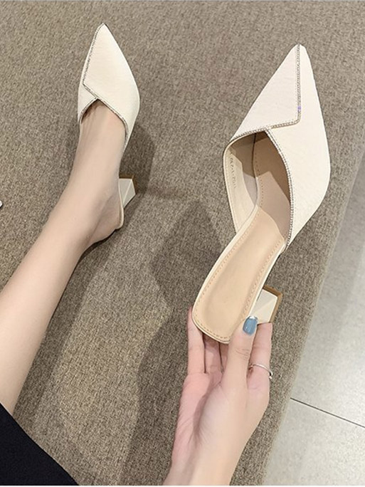 Women New Chain Mules Slippers Rhinestone Pointed Toe Ladies Striped Summer Fashion High Heel Sandals Footwear