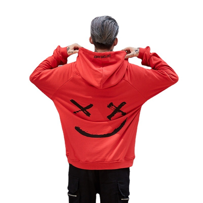 Men Spring and Autumn Casual Fashion Color Matching Smiley Hoodie Men Long Sleeve Sport Hoodie Top Coat Men
