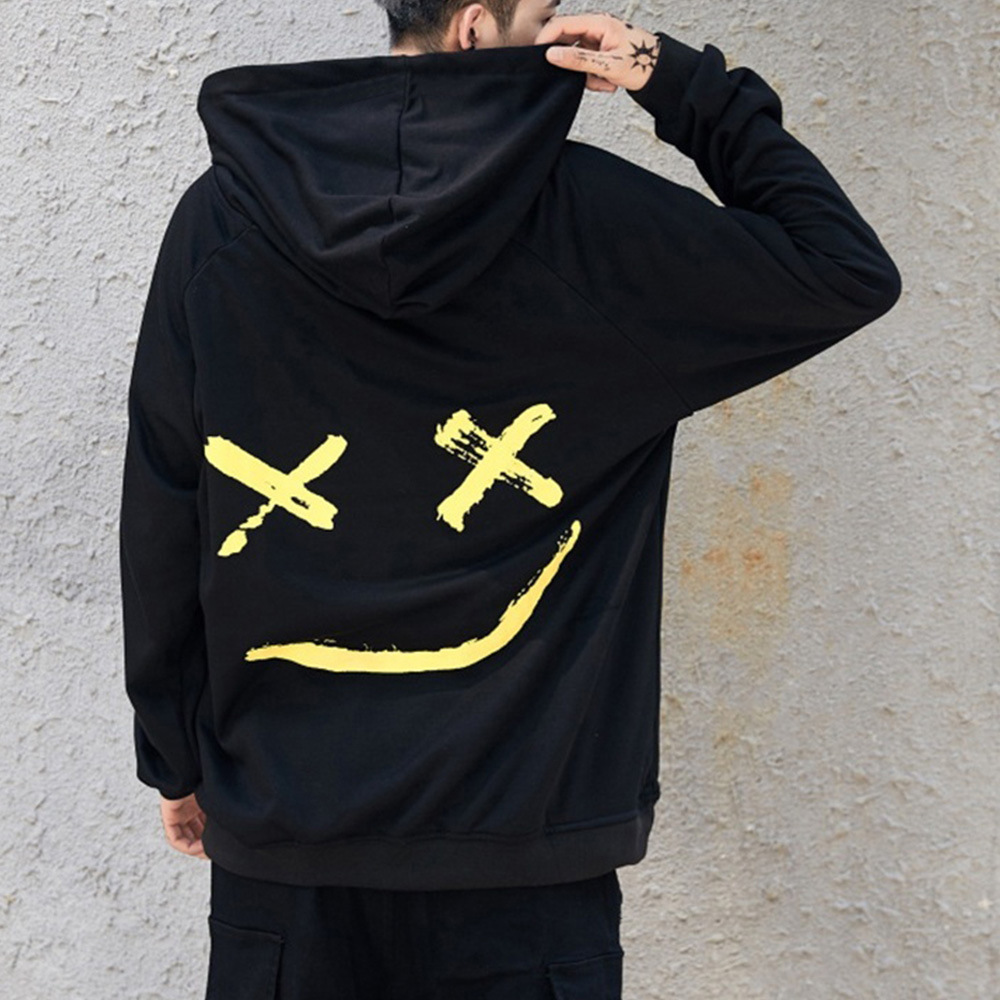 Men Spring and Autumn Casual Fashion Color Matching Smiley Hoodie Men Long Sleeve Sport Hoodie Top Coat Men