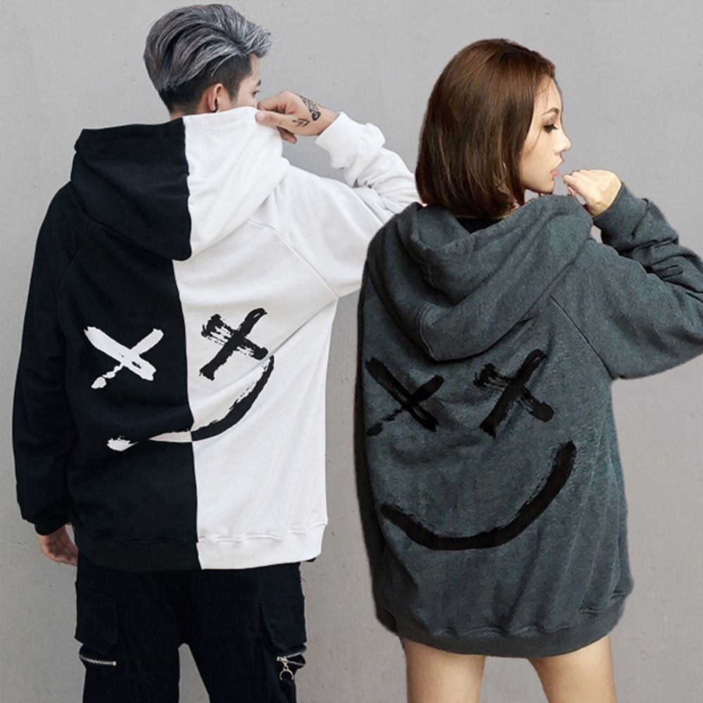 Men Spring and Autumn Casual Fashion Color Matching Smiley Hoodie Men Long Sleeve Sport Hoodie Top Coat Men
