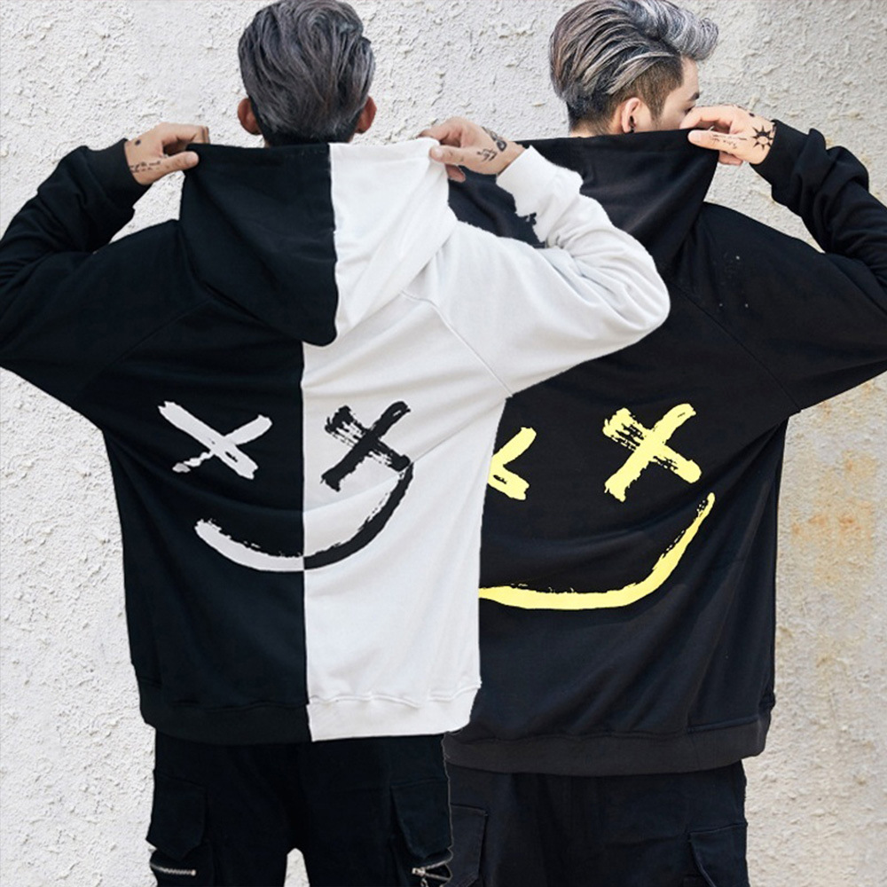 Men Spring and Autumn Casual Fashion Color Matching Smiley Hoodie Men Long Sleeve Sport Hoodie Top Coat Men