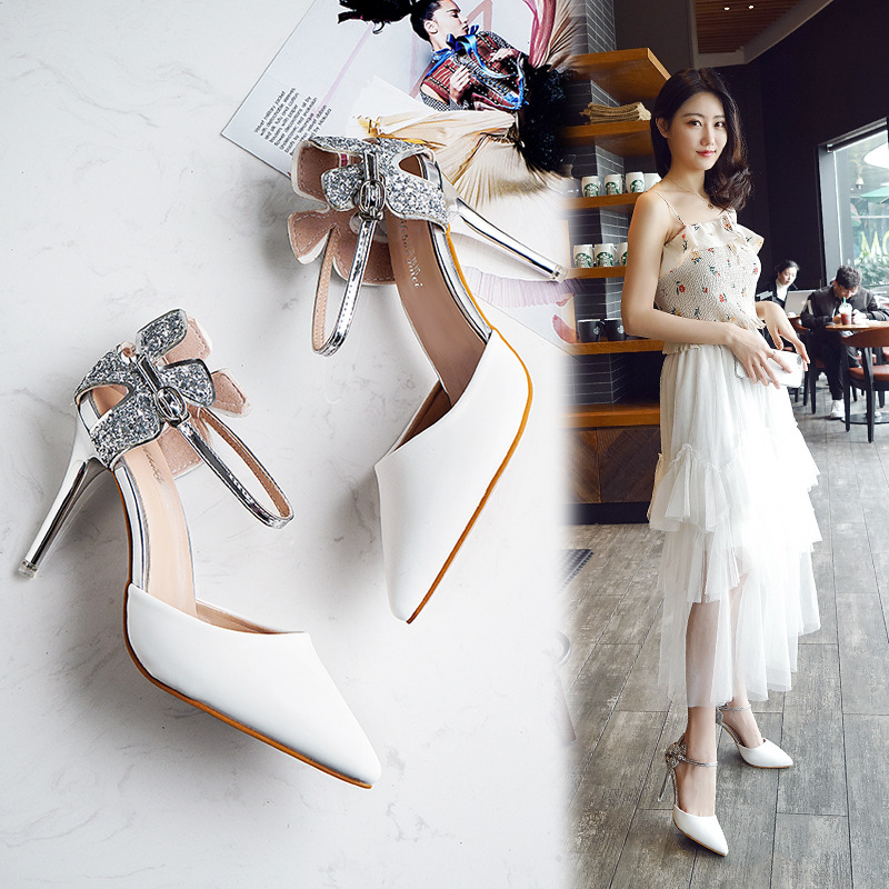 Women's Single Shoes with One-line Sandal Bun Head Summer New All-matching Sandals Women Stiletto Heels