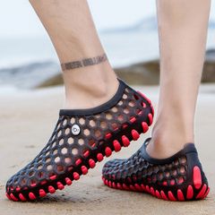 New Arrivals Men's shoes lightweight casual beach breathable driving hole shoes slippers men's new Boy hollow hole breathable sandals seaside wading Fashion sports casual Black red 41