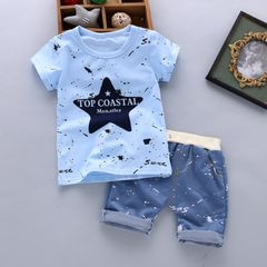 Hot 2pcs Boys Star Printed top+Shorts Suits Casual Cotton Children Clothing Set Male Child Clothes Students Kindergarten Cotton Birthday Sport Led Baby Versatile Casual Joggers Kid Blue 120 yards [rec