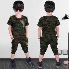 2pcs Boys Star Clothing 5-12y Boys Camouflage T shirt + Shorts Cotton Material Children's Clothing Sets Male Child Clothes Students Kindergarten Cotton Birthday Sport Led Baby Vers 110 yards [recommen