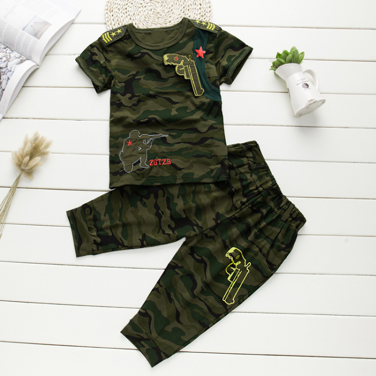 SXCHEN 2pcs Camouflage T shirt + Shorts Boys Star Clothing 5-12y Boy Cotton Material Children's Sets Male Child Clothes Students Kindergarten Cotton Birthday Sport Baby Versatile Casual Joggers Green