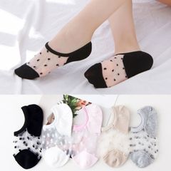 SXCHEN 10 Pairs Women's Socks Female Short Socks Thin Crystal Transparent Silk Socks Girl Ankle Sox Cotton Socks Cute Student Boat Socks Ultra-thin Invisible Socks Ladies Sheer Mes Random color [wave 