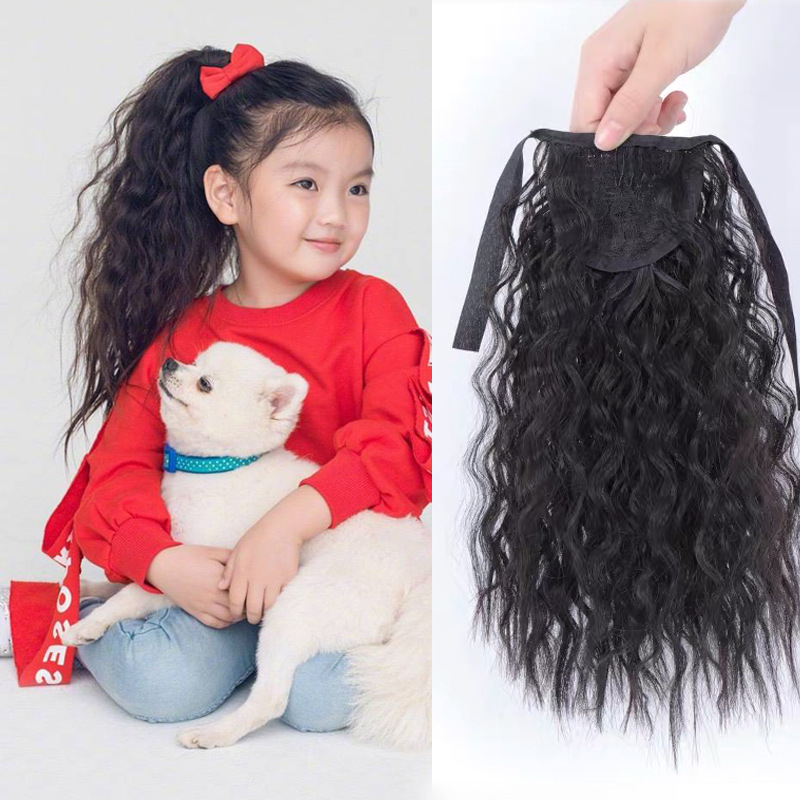 SXCHEN Girl Wig Curly Hair Extension Ponytail wig Children's Long Hair Bandage Corn Perm Big Wave Long Curly Hair High Ponytail Supply 11 inch Black Dark Brown strap-on hip-hop Daily Party Student Black