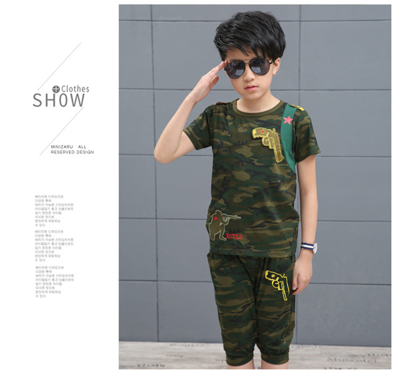 SXCHEN 2pcs Camouflage T shirt + Shorts Boys Star Clothing 5-12y Boy Cotton Material Children's Sets Male Child Clothes Students Kindergarten Cotton Birthday Sport Baby Versatile Casual Joggers Green