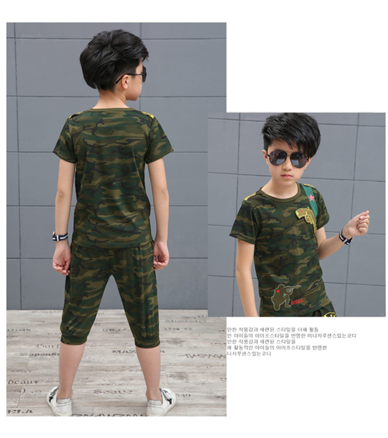 SXCHEN 2pcs Camouflage T shirt + Shorts Boys Star Clothing 5-12y Boy Cotton Material Children's Sets Male Child Clothes Students Kindergarten Cotton Birthday Sport Baby Versatile Casual Joggers Green