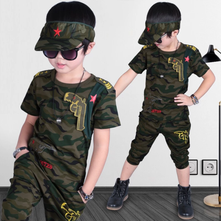 SXCHEN 2pcs Camouflage T shirt + Shorts Boys Star Clothing 5-12y Boy Cotton Material Children's Sets Male Child Clothes Students Kindergarten Cotton Birthday Sport Baby Versatile Casual Joggers Green