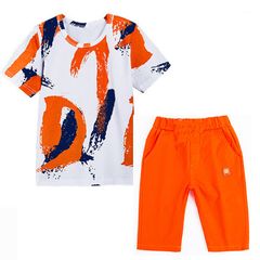 Thin Little Boys Summer Clothing set printed Short-sleeved T-shirt + shorts for boys. Sports Suit Fashion Male Child Clothes Students Kindergarten Cotton Birthday Sport Led Baby Ve orange 140cm