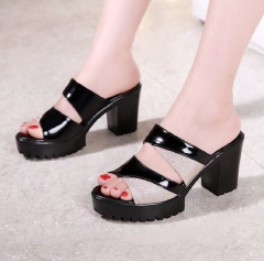 SXCHEN Women's Shoes Sequin Glitter Heels High Heel Fish Mouth Women Summer Thick Sole Waterproof Platform Straight Line Ladies Open Shoes Ladys Office Shoes Slippers Black Mom Shoes Girls School Shoe