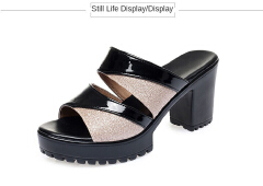 SXCHEN Women's Shoes Sequin Glitter Heels High Heel Fish Mouth Women Summer Thick Sole Waterproof Platform Straight Line Ladies Open Shoes Ladys Office Shoes Slippers Black Mom Shoes Girls School Shoe