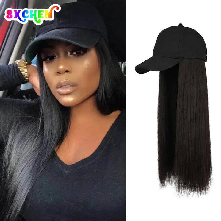 SXCHEN New Wigs Lntegrated Wig Cap Medium Length Straight Hair Fashionable Realistic Wig With Hat Long Straight Wigs Baseball Hat One Wig Women  Caps Wigs Gift School Birthday Girlfrien Party African