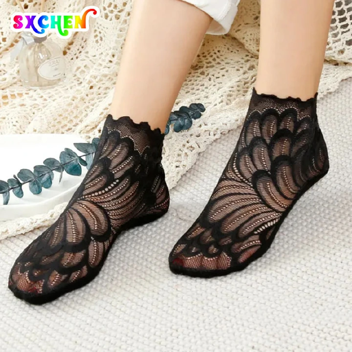 SXCHEN 5 pairs Women's Socks Fashion Girls Feather Lace Invisible Socks Thin Ladies Lace Boat Socks Women Hollow Non-slip Shallow Socks  Black Thin Ice Silk Anti -skid Summer Festival Gift Party