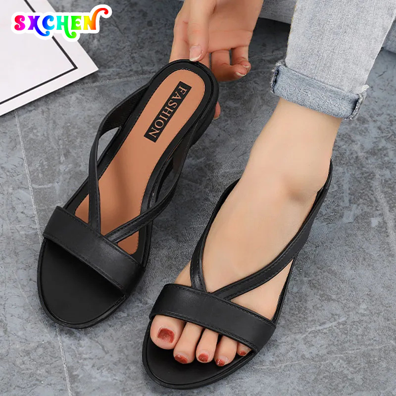 SXCHEN Ladies Shoes Slippers Mules Plastic Slope Heel Sandals and Slippers Fashion Women's Simple Beach Flip-flops Outer Mid-heel Non-slip Heightening Slippers Casual Mom Shoe Latest Shoes Girl