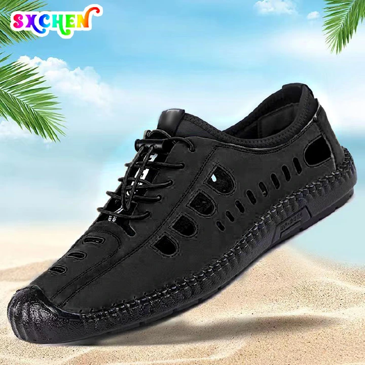 SXCHEN Men's Shoes Sandals Hollow Leather Shoes Sandals Men's New Fashion Casual Shoes soft Leather Flat Bottom All-match Hole Sandals Dad Beach Outdoor Unisex Gift Fashion Shoe Lovers Gift