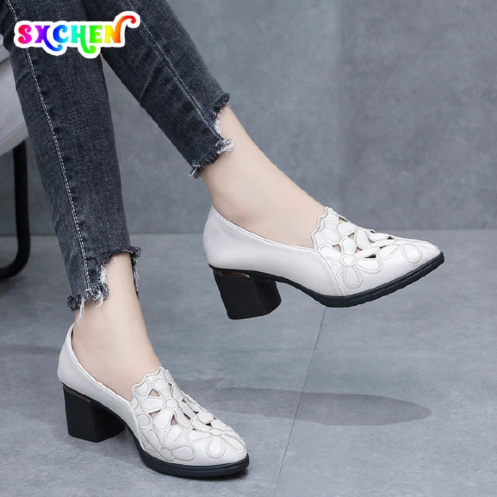 SXCHEN Women's Shoes Heels Single Shoes for Ladies Shoes Thick Heels Style Hollow Breathable Embroidered Four Seasons Women Soft-soled Work Shoes High Artificial Leather Latest Shoes Gift Oxfords
