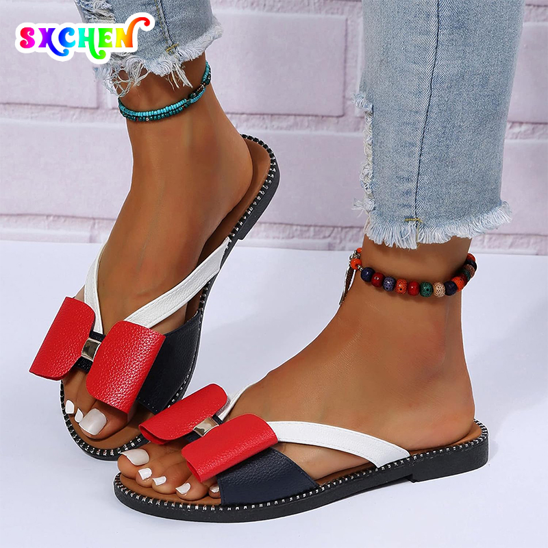 Women's Shoes Sandals Ladies Flats Sandals New Flat-soled Color-blocked Bow ladies Sandals Large Size Women Shoes Flat Sandals Retro Girls Simple Open Shoes for Ladies