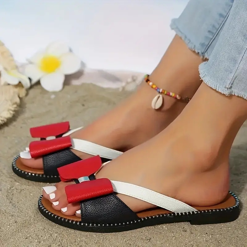 Women's Shoes Sandals Ladies Flats Sandals New Flat-soled Color-blocked Bow ladies Sandals Large Size Women Shoes Flat Sandals Retro Girls Simple Open Shoes for Ladies