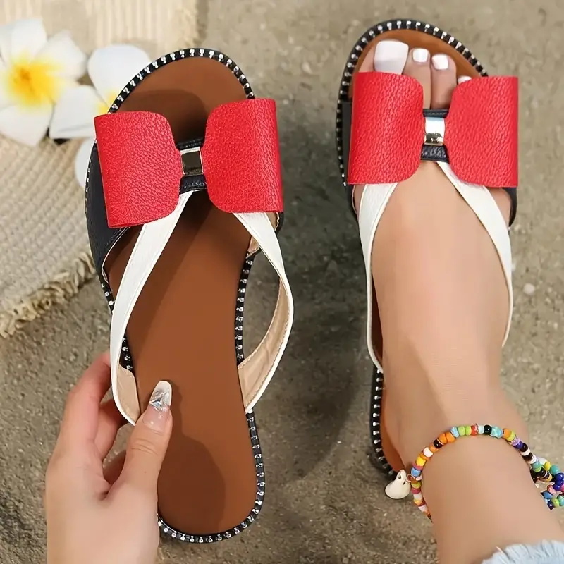 Women's Shoes Sandals Ladies Flats Sandals New Flat-soled Color-blocked Bow ladies Sandals Large Size Women Shoes Flat Sandals Retro Girls Simple Open Shoes for Ladies