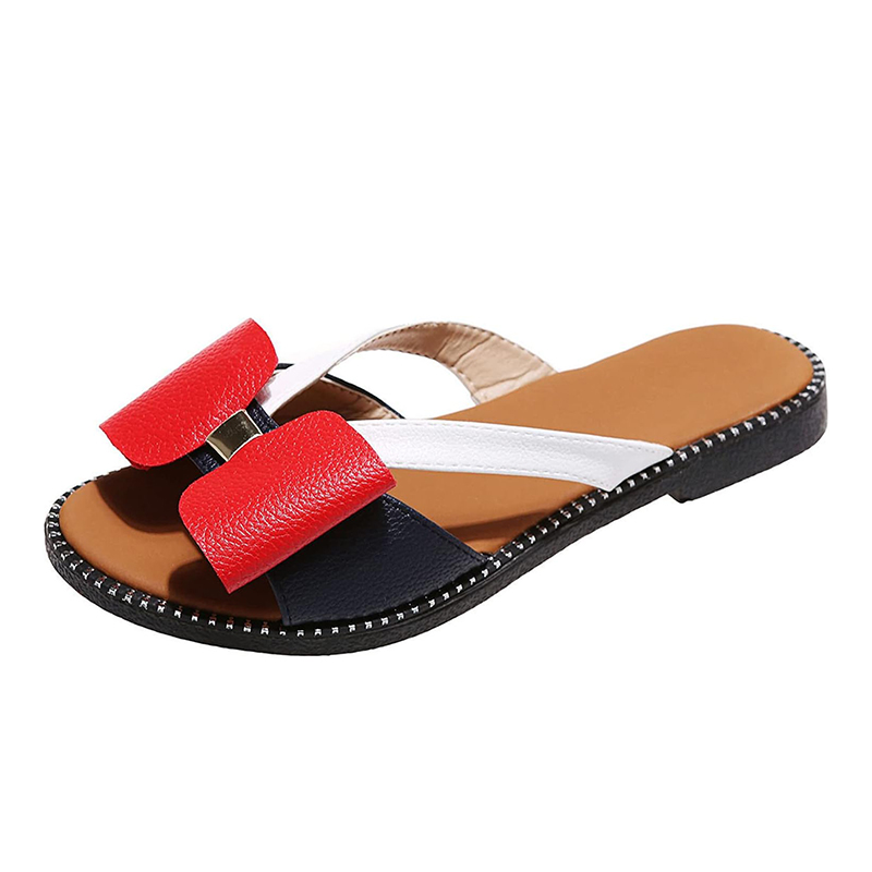 Women's Shoes Sandals Ladies Flats Sandals New Flat-soled Color-blocked Bow ladies Sandals Large Size Women Shoes Flat Sandals Retro Girls Simple Open Shoes for Ladies