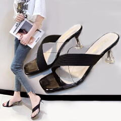SXCHEN Women's Shoes Slippers Mules Clogs Open-toe Color Matching Non-slip Chunky Ladies Heel Slippers for Outerwear Korean Style Knitted Stitching High Heels Office Wedding Party Mom Shoe Latest Shoe