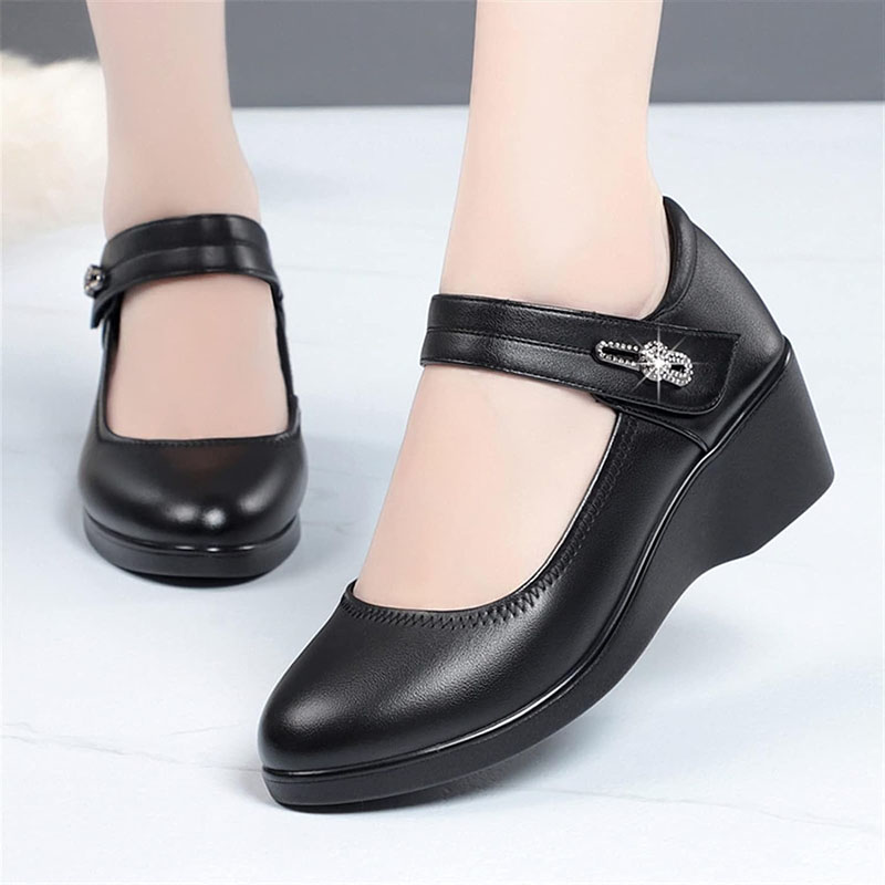 SXCHEN Women's Shoes Heels High Quality Soft Leather Soft Sole Mother's Small Leather Shoes Work Shoes Soft Sole Non-Slip Slope Heel Ladies Shoes Girls Outdoor Black Cushion Shoe School Fashion Black,EU39