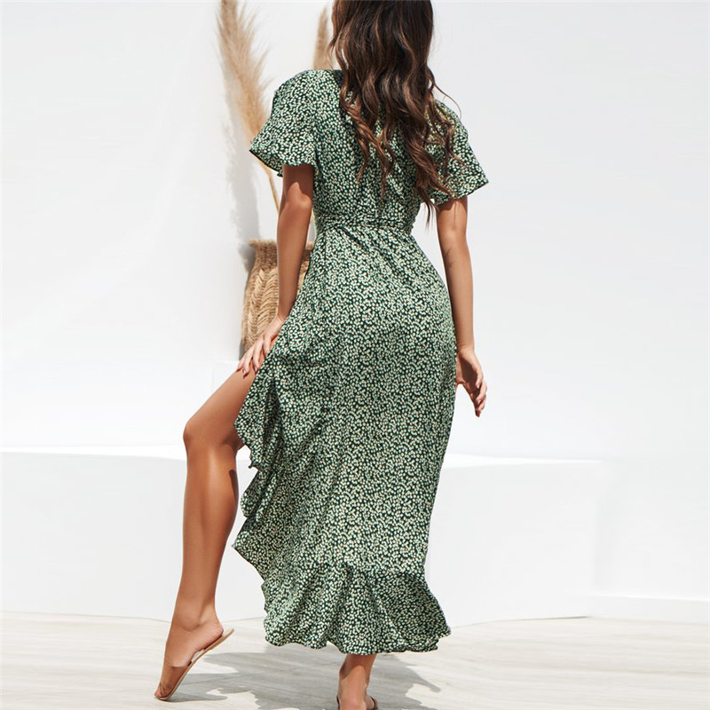 Summer Beach Maxi Dress Women Floral Print Boho Long Chiffon Dress Ruffles Wrap