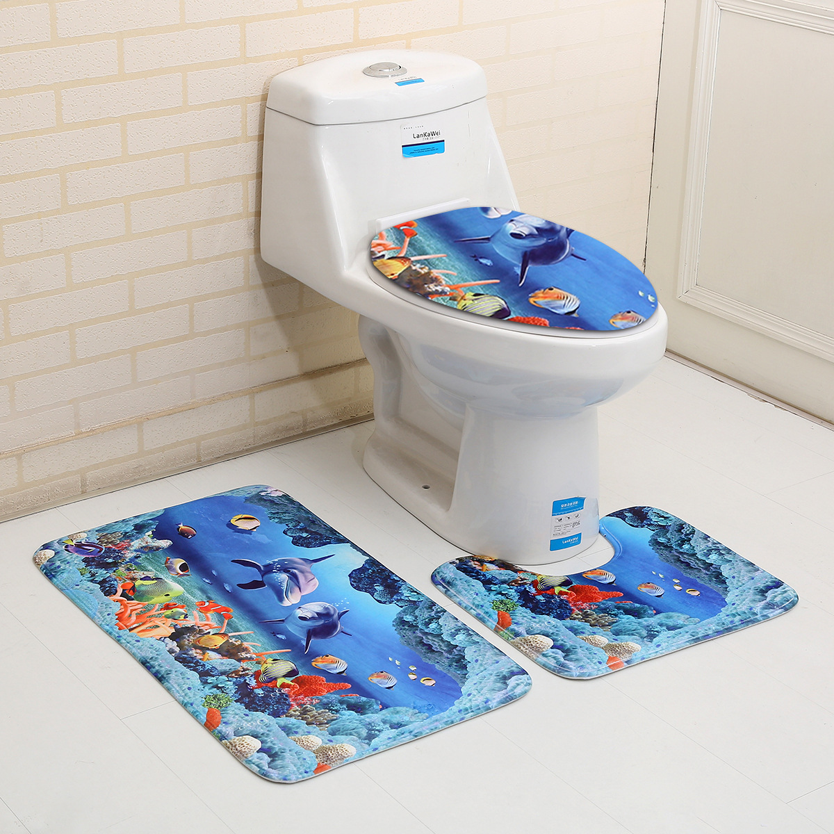 Karen's shop Three-piece bathroom mat 3D dolphin bathroom mat toilet carpet