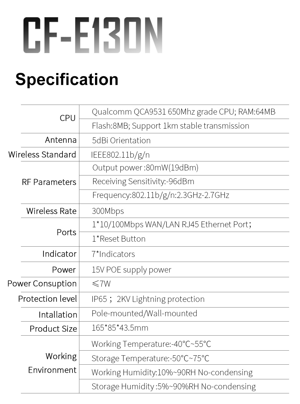 1KM WIFI Range Wireless Outdoor CPE Router WIFI Extender 2.4G 300Mbps WiFi Bridge CF-E130N