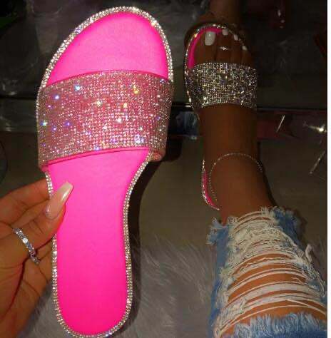 Summer Women Sandals Bling Slippers Ladies Crystal Slides Flat Glitter Gladiator Sandals Beach Shoes